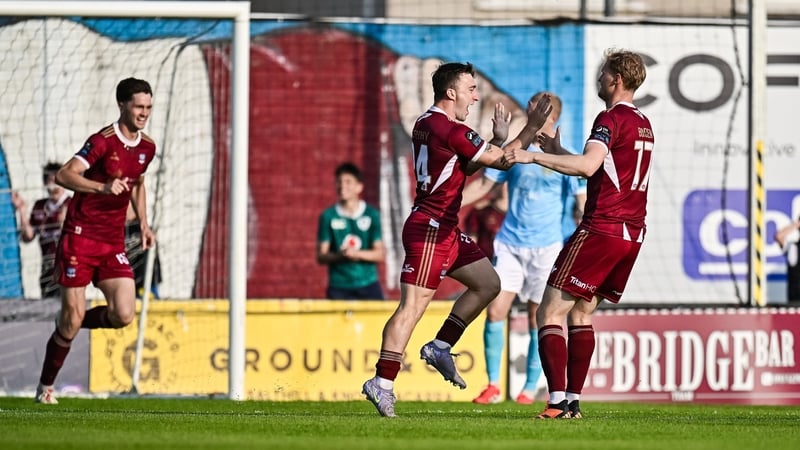 Edward McCarthy, left, celebrates with Galway United team-mate Vincent Bordin after the Tribes opened the scoring at Eamonn Deacy Park
