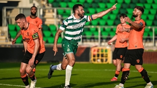 20 June 2025; Roberto Lopes of Shamrock Rovers celebrates after scoring his side's second goal during the SSE Airtricity Men's Premier Division match between Shamrock Rovers and Cork City at Tallaght Stadium in Dublin. Photo by David Fitzgerald/Sportsfile