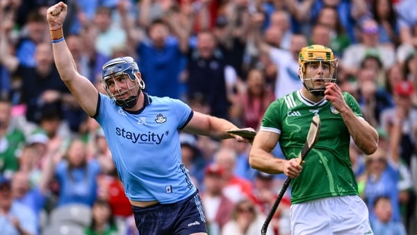John Hetherton of Dublin celebrates after scoring his side's first goal during the GAA Hurling All-Ireland Senior Championship quarter-final match between Dublin and Limerick at Croke Park in Dublin.