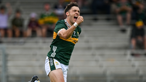 David Clifford of Kerry celebrates after scoring his side's first goal past Cavan goalkeeper Liam Brady during the GAA Football All-Ireland Senior Championship preliminary quarter-final match between Kerry and Cavan at Fitzgerald Stadium in Killarney, Kerry.