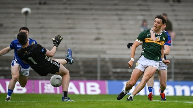 David Clifford of Kerry scores his side's first goal during the GAA Football All-Ireland Senior Championship preliminary quarter-final match between Kerry and Cavan at Fitzgerald Stadium in Killarney, Kerry.