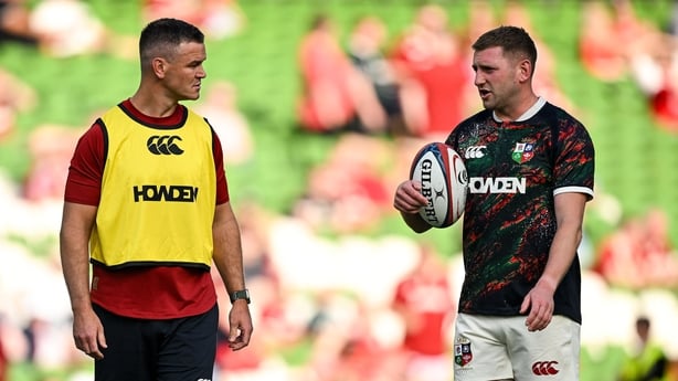 Finn Russell of British & Irish Lions, right, and assistant coach Jonathan Sexton before the Lions 1888 Cup match between the British & Irish Lions and Argentina at the Aviva Stadium in Dublin.