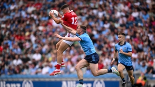 21 June 2025; Sean McDonnell of Cork in action against John Small of Dublin during the GAA Football All-Ireland Senior Championship preliminary quarter-final match between Dublin and Cork at Croke Park in Dublin. Photo by Ramsey Cardy/Sportsfile