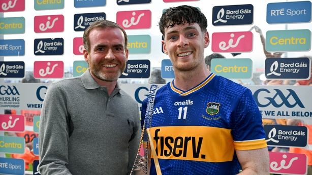 Andrew Ormond of Tipperary is presented with the Bord Gáis Energy Man of the Match Award by Damien Crilly, Bord Gáis Energy, after the GAA Hurling All-Ireland Senior Championship quarter-final match between Galway and Tipperary at TUS Gaelic Grounds in Limerick.