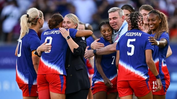 Team United States manager Emma Hayes celebrates with Lynn Williams of Team United States after the women's gold medal match between Team Brazil and Team United States at Parc des Princes during the 2024 Paris Summer Olympic Games in Paris, France.