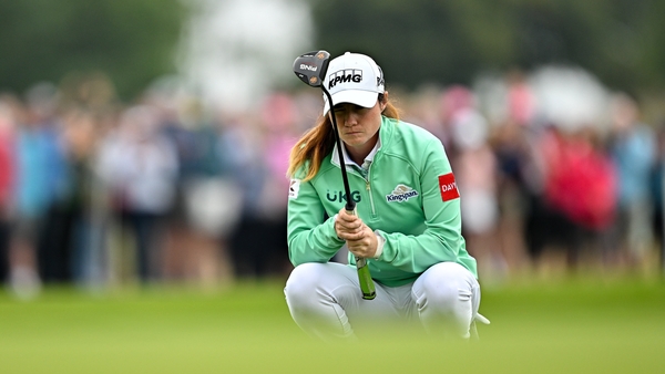 1 September 2024; Leona Maguire of Ireland lines up a putt on the 18th green during the final round of the KPMG Women’s Irish Open at Carton House Golf Club in Maynooth, Kildare. Photo by Sam Barnes/Sportsfile
