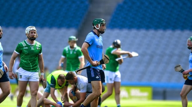 21 June 2025; Chris Crummey of Dublin, centre, after being shown a red card during the GAA Hurling All-Ireland Senior Championship quarter-final match between Dublin and Limerick at Croke Park in Dublin. Photo by John Sheridan/Sportsfile