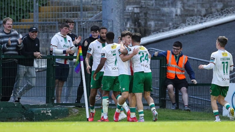 Cork City players celebrate Djenairo Daniels' late equaliser