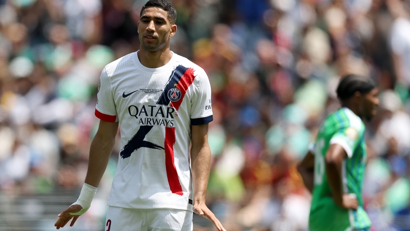 Achraf Hakimi celebrates after doubling Champions League winners PSG's lead in Seattle