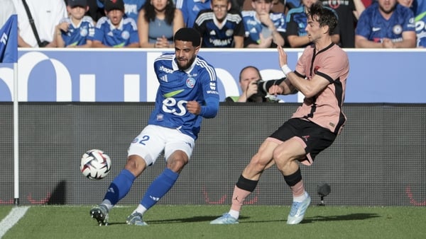 STRASBOURG, FRANCE - MAY 4: Andrew Omobamidele of Strasbourg, Fabian Ruiz Pena of PSG during the Ligue 1 football match between RC Strasbourg Alsace (RCSA) and Paris Saint-Germain (PSG) at Stade de la Meinau on May 4, 2025 in Strasbourg, France. (Photo by