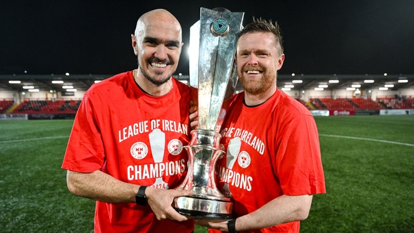 Shelbourne assistant manager Joey O'Brien and manager Damien Duff, right, celebrate with the SSE Airtricity Men's Premier Division trophy after the SSE Airtricity Men's Premier Division match between Derry City and Shelbourne at The Ryan McBride Brandywel