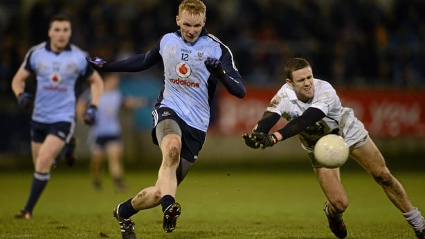 26 January 2013; Paddy Quinn, Dublin, in action against Cathal McNally, Kildare. B�rd na M�na O'Byrne Cup Final, Dublin v Kildare, Parnell Park, Donnycarney, Dublin. Picture credit: Ray McManus / SPORTSFILE