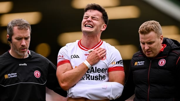 15 June 2025; Michael McKernan of Tyrone leaves the pitch with an injury during the GAA Football All-Ireland Senior Championship Round 3 match between Tyrone and Cavan at Brewster Park in Enniskillen, Fermanagh. Photo by Ben McShane/Sportsfile