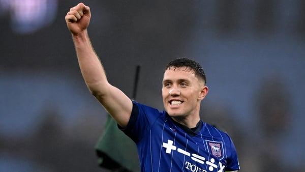 BIRMINGHAM, ENGLAND - FEBRUARY 15: Dara O'Shea of Ipswich Town celebrates following the Premier League match between Aston Villa FC and Ipswich Town FC at Villa Park on February 15, 2025 in Birmingham, England. (Photo by Clive Mason/Getty Images)