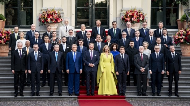NATO country leader, Turkey's President Recep Tayyip Erdogan (3rdL), US President Donald Trump (4thL), France's President Emmanuel Macron (4thR), NATO Secretary General Mark Rutte (Rear C) pose with King Willem-Alexander (C-L) and Queen Maxima (C-R) of the Netherlands for a family photo as they atte