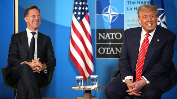 THE HAGUE, NETHERLANDS - JUNE 25: U.S. President Donald Trump (R) and NATO Secretary General Mark Rutte speak to media at the start of the second day of the 2025 NATO Summit on June 25, 2025 in The Hague, Netherlands. Among other matters, members are to approve a new defense investment plan that rai