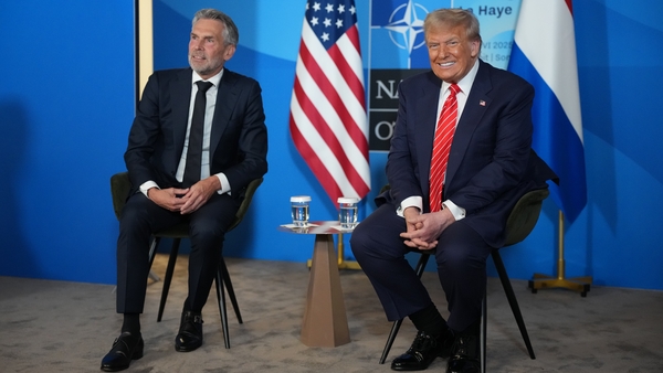 THE HAGUE, NETHERLANDS - JUNE 25: U.S. President Donald Trump and Prime Minister of the Netherlands Dick Schoof meet on the second day of the 2025 NATO Summit on June 25, 2025 in The Hague, Netherlands. Among other matters, members are to approve a new de