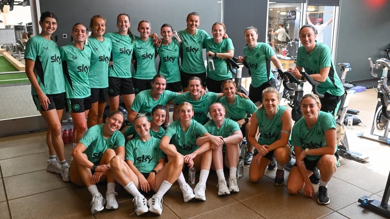 Republic of Ireland players group together for a photo after a gym session in Denver