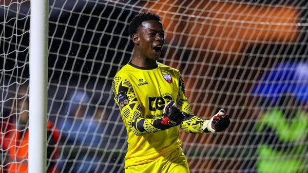 19 July 2024; Treaty United goalkeeper Michael Dike celebrates after saving a penalty, in the penalty shootout, during the Sports Direct Men’s FAI Cup second round match between Treaty United and Kilbarrack United at Markets Field in Limerick. Photo by Mi