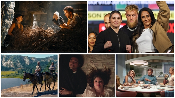 Clockwise from top left: Jurassic World Rebirth, Katie Taylor vs. Amanda Serrano 3, The Fantastic Four: First Steps, Too Much and Untamed