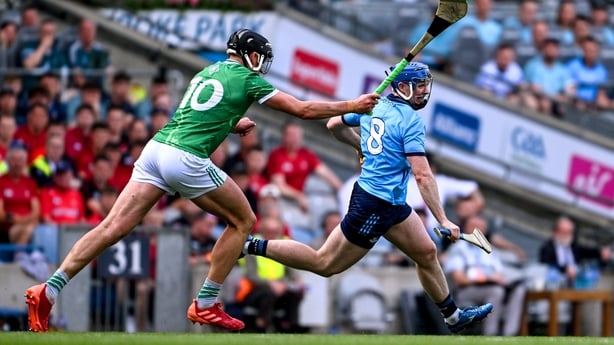 21 June 2025; Conor Burke of Dublin in action against Gearoid Hegarty of Limerick during the GAA Hurling All-Ireland Senior Championship quarter-final match between Dublin and Limerick at Croke Park in Dublin. Photo by Daire Brennan/Sportsfile