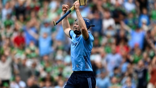 21 June 2025; Conor Burke of Dublin celebrates at the final whistle of the GAA Hurling All-Ireland Senior Championship quarter-final match between Dublin and Limerick at Croke Park in Dublin. Photo by Daire Brennan/Sportsfile