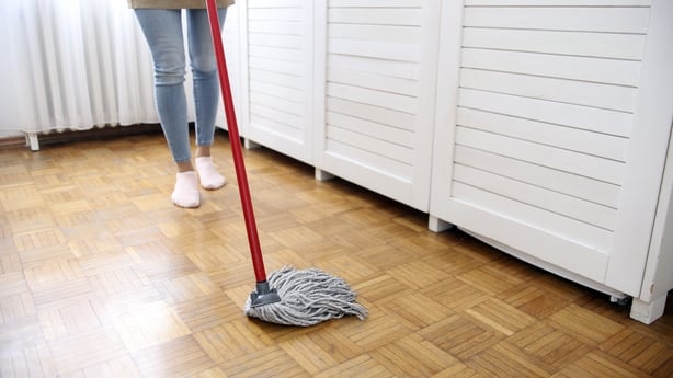 Young woman cleaning her home or a hotel room. 
