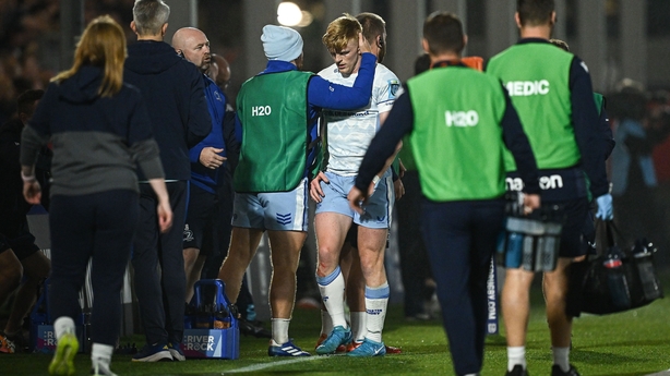20 September 2024; Tommy O'Brien of Leinster leaves the pitch with an injury after scoring his side's first try during the United Rugby Championship match between Edinburgh and Leinster at Hive Stadium in Edinburgh, Scotland. Photo by Seb Daly/Sportsfile