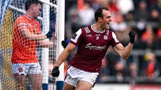 14 June 2025; John Maher of Galway celebrates after scoring his side's first goal during the GAA Football All-Ireland Senior Championship Round 3 match between Galway and Armagh at Kingspan Breffni in Cavan. Photo by Ben McShane/Sportsfile