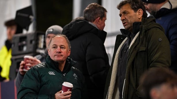 8 February 2025; IRFU performance director David Humphreys, left, in converation with Scottish Rugby performance director David Nucifora during the U20 Six Nations Rugby Championship match between Scotland and Ireland at Hive Stadium in Edinburgh, Scotland. Photo by Ramsey Cardy/Sportsfile