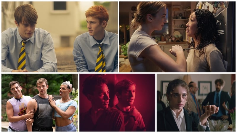 Clockwise from top left: Handsome Devil, Killing Eve, Shiva Baby, It's A Sin and Fire Island