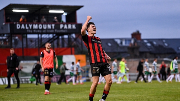 23 June 2025; James Clarke of Bohemians celebrates after the SSE Airtricity Men's Premier Division match between Bohemians and Shamrock Rovers at Dalymount Park in Dublin. Photo by Ramsey Cardy/Sportsfile