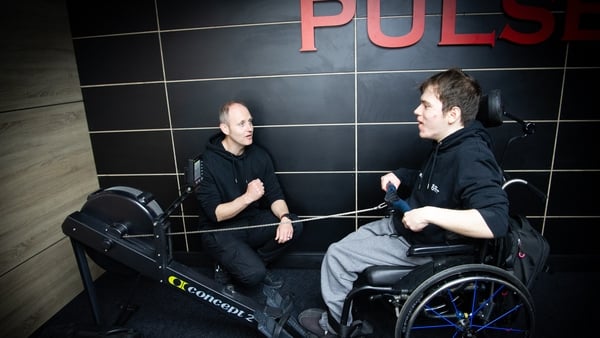 Declan Hamilton of the Irish Wheelchair Association seen encouraging IWA member Seán Carroll in the gym ahead of last year's games