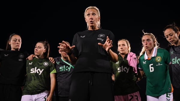 26 June 2025; Republic of Ireland head coach Carla Ward talks to her players and staff after the women's international friendly match between the USA and Republic of Ireland at Dick’s Sporting Goods Park in Commerce City, Colorado, USA. Photo by Stephen M