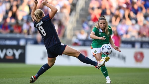Chloe Mustaki of Republic of Ireland in action against Avery Patterson of United States during the women's international friendly match between the USA and Republic of Ireland at Dick’s Sporting Goods Park in Commerce City, Colorado, USA.