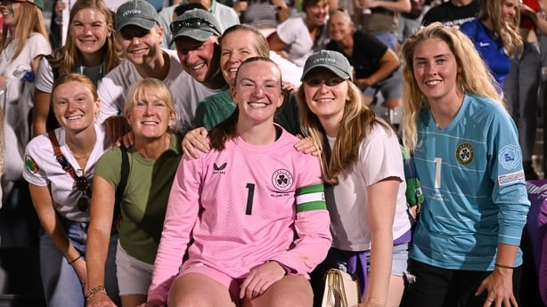 Republic of Ireland goalkeeper Courtney Brosnan with family and friends after the women's international friendly match between the USA and Republic of Ireland at Dick's Sporting Goods Park in Commerce City, Colorado, USA.