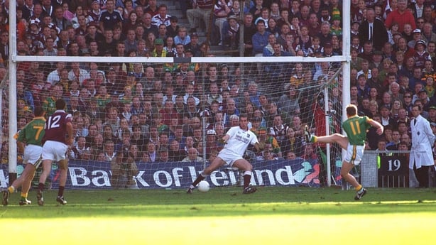 23 September 2001; Trevor Giles kicks his penalty wide during the GAA Football All-Ireland Senior Championship Final match between Galway and Meath at Croke Park in Dublin. Photo by Ray McManus/Sportsfile