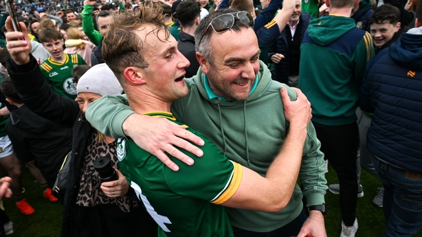 27 April 2025; Shane Walsh of Meath celebrates with a supporter after the Leinster GAA Football Senior Championship semi-final match between Dublin and Meath at Laois Hire O'Moore Park in Portlaoise, Laois. Photo by Ray McManus/Sportsfile
