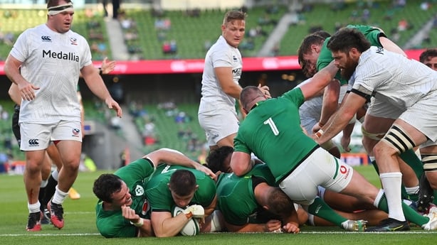 10 July 2021; Nick Timoney of Ireland scores his side's third try during the International Rugby Friendly match between Ireland and USA at the Aviva Stadium in Dublin. Photo by Ramsey Cardy/Sportsfile