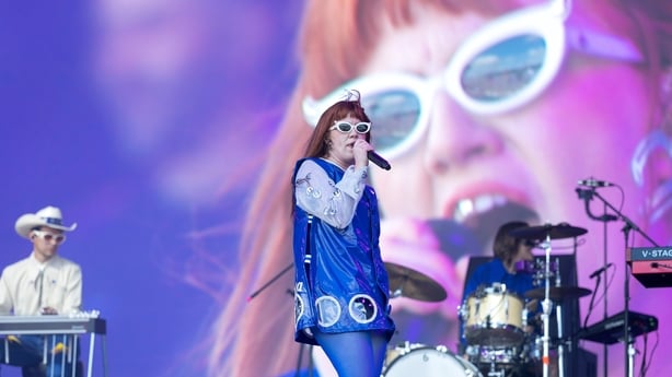 GLASTONBURY, ENGLAND - JUNE 27: CMAT performing on the Pyramid Stage during day three of Glastonbury festival 2025 at Worthy Farm, Pilton on June 27, 2025 in Glastonbury, England. Established by Michael Eavis in 1970, Glastonbury has grown into the UK's largest music festival, drawing over 200,000 f