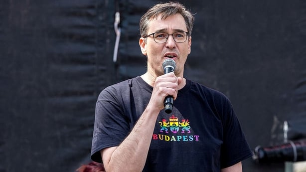BRUSSELS, BELGIUM - MAY 17: Gergely Szilveszter Karácsony, Mayor of Budapest, speaks from the stage during the Pride Parade celebrations on May 17, 2025 in Brussels, Belgium. Brussels is holding its first LGBTQIAP+ Pride parade since the event was added to the Intangible Cultural Heritage List of th