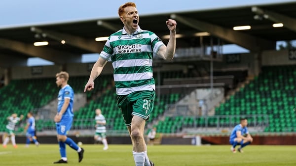 27 June 2025; Rory Gaffney of Shamrock Rovers celebrates after scoring his side's first goal during the SSE Airtricity Men's Premier Division match between Shamrock Rovers and Waterford at Tallaght Stadium in Dublin. Photo by Thomas Flinkow/Sportsfile