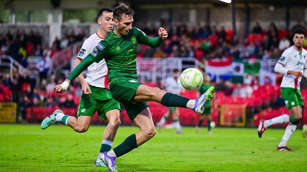 27 June 2025; Mason Melia of St Patrick's Athletic in action against Charlie Lyons of Cork City during the SSE Airtricity Men's Premier Division match between Cork City and St Patrick's Athletic at Turner's Cross in Cork. Photo by Brendan Moran/Sportsfile