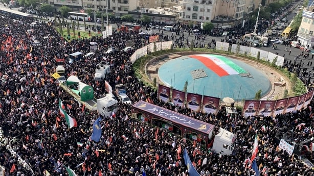 TEHRAN, IRAN - JUNE 28: Thousands of Iranians attend the funeral ceremony for approximately 60 people killed in Israeli strikes on Iran, including high-ranking military officials, nuclear scientists, and civilians, in Tehran, Iran on June 28, 2025. (Photo by Fatemeh Bahrami/Anadolu via Getty Images)