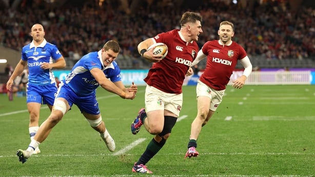 PERTH, AUSTRALIA - JUNE 28: Dan Sheehan of the British & Irish Lions breaks clear to score their first try during the tour match between the Western Force and British & Irish Lions at the Optus Stadium on June 28, 2025 in Perth, Australia. (Photo by David Rogers/Getty Images)