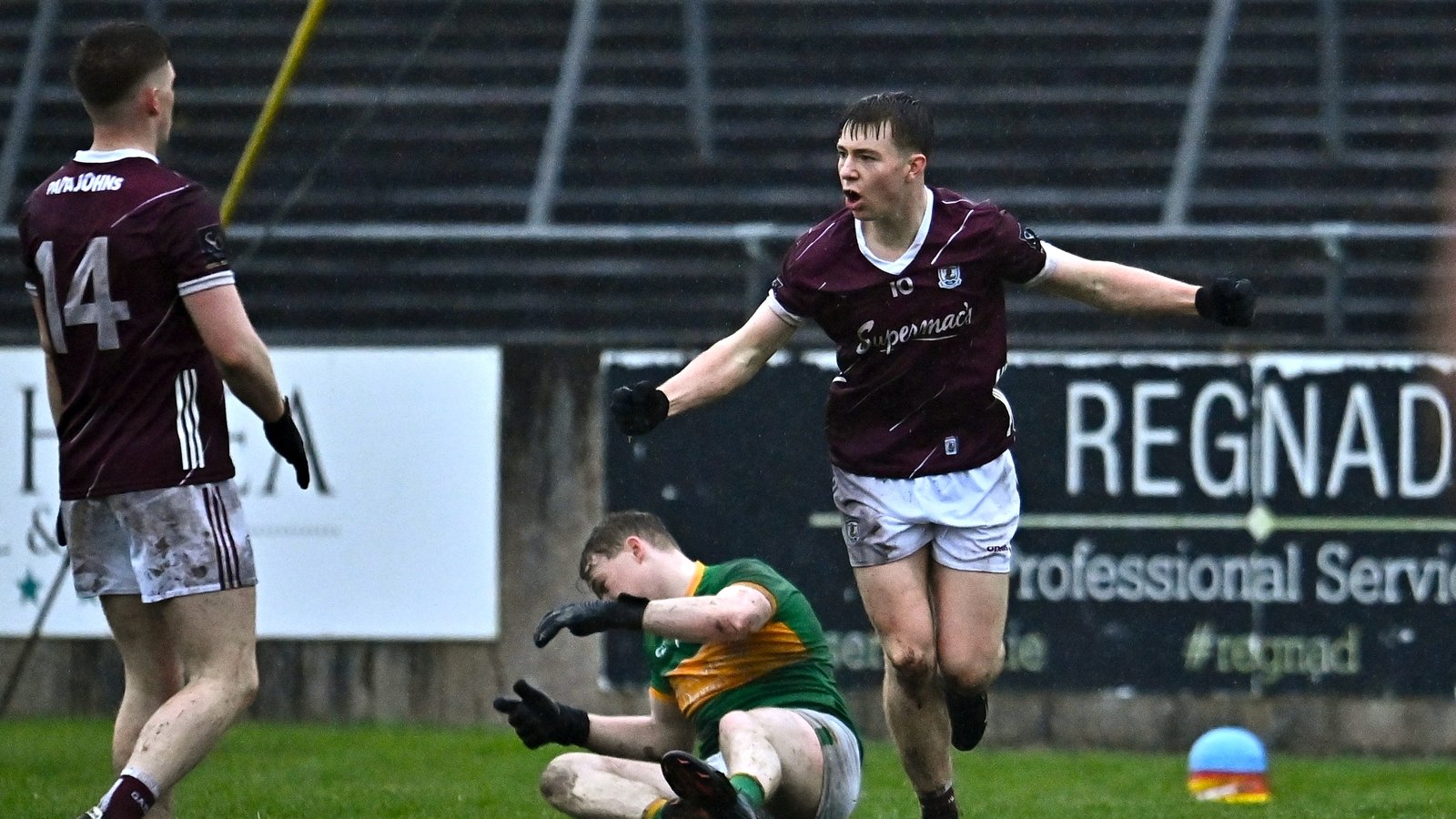 4 March 2023; Matthew Thompson of Galway celebrates after scoring his side's second goal during the EirGrid Connacht GAA Football U20 Championship semi-final match between Galway and Leitrim at St Jarlath's Park in Tuam, Galway. Photo by Sam Barnes/Sports