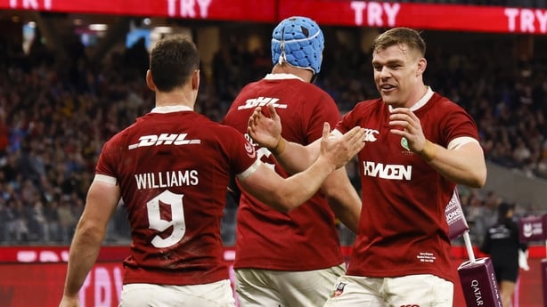 PERTH, AUSTRALIA - JUNE 28: Garry Ringrose of the British Lions and Tomos Williams of the British Lions celebrate a try during the tour match between Western Force and British & Irish Lions at Optus Stadium on June 28, 2025 in Perth, Australia. (Photo by James Worsfold/Getty Images)