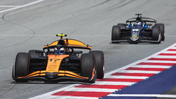 Alexander Dunne of Ireland and Rodin Motorsport (17) leads Victor Martins of France and ART Grand Prix (14) on track during the Round 7 Spielberg Sprint race of the Formula 2 Championship at Red Bull Ring on June 28, 2025 in Spielberg, Austria.