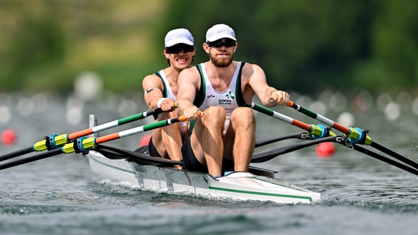 28 June 2025; Konan Pazzaia, right, and Fintan McCarthy of Ireland compete in the Men’s Double Sculls Semifinal 2 during the 2025 World Rowing Cup at Rotsee in Lucerne, Switzerland. Photo by Benedict Tufnell/Sportsfile