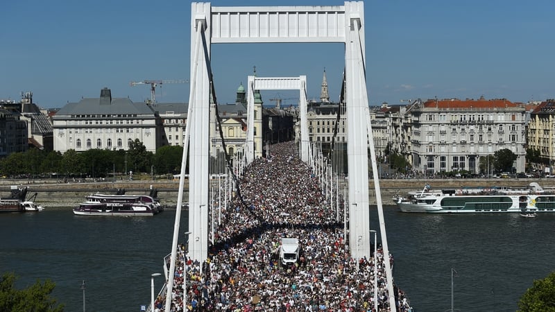 Tens of thousands gathered in downtown Budapest for the banned event